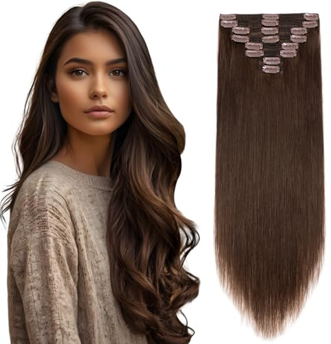 Elailite Hair Extensions Real Human Hair Clip in Thick Double Weft Remy Natural Hair - 8 Pieces Full Head Straight - #4 Medium Brown - 24 Inch (170 g)