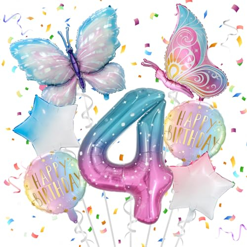 4 Jahre Schmetterling Geburtstag Deko, Schmetterling Folienballon 4 Jahre, Bunt Schmetterlinge Geburtstagsdeko, Geburtstagsdeko Rosa, für 4. Geburtstag Mädchen Deko
