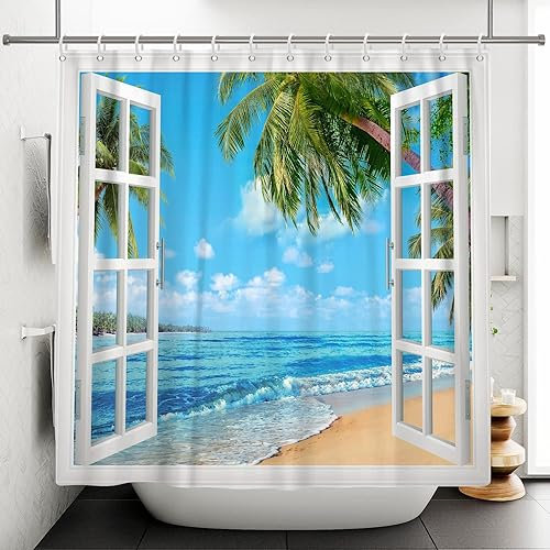 AALAYA Duschvorhang 200x200 cm Fensterbrett, aus Stoff Polyester Waschbar Anti Schimmel Strandthema Shower Curtains, Duschvorhänge Curtains mit 12 Haken