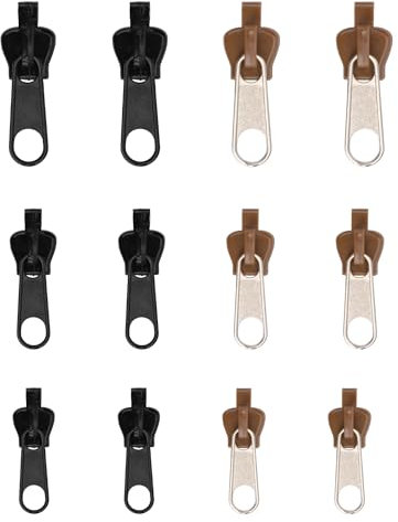 12 Pezzi Tiretto Fisso per Cerniera, Fissatore per Cerniera Staccabile Cursore Cerniera Linguette per Cerniera Istantanea Cursore Cerniera Ricambio per Giacca Cappotto Valigie (Nero, Caffè)