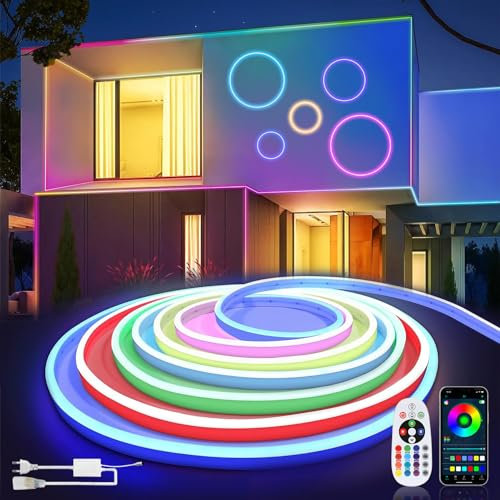 SUCIKORIO Neon Led Strip RGB 20m, Außen LED Streifen IP65 Wasserdicht Led Lichterkette Musik Sync Flexibler DIY Lichtband Aussenbereich mit Fernbedienung und App für Haus, Party, Küche