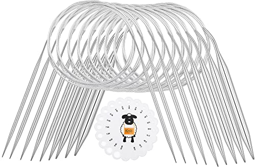 Coopay Rundstricknadeln Set 80cm, 8 Stück Edelstahl Stricknadeln Mit Nadellehre, 2,75-9,0 mm Metall, Praktisch für Pullover, Ärmel