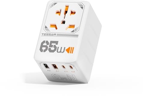 TESSAN Adaptateur Prise Universelle GaN, Charge Rapide 65W, Prise Universel de Voyage avec 2 USB C et 2 USB A, Adaptateur Internationale vers Anglaise USA Japon Australie Thailande