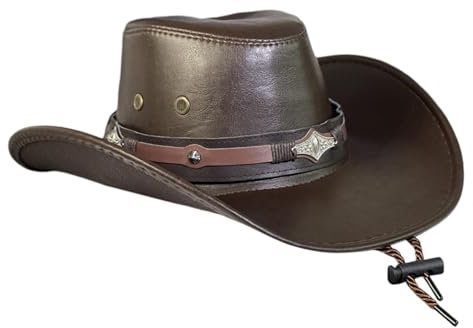 harayaa Western-Cowboy-Hut, Outdoor-Sonnenhut für Herren, modische Jazz-Hüte aus Kunstleder mit Kinnriemen für Club, Bar, Halloween-Festival, Dunkler Kaffee