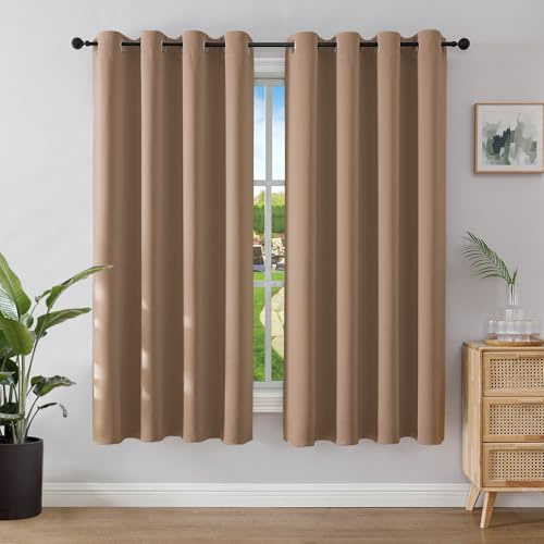 Joydeco Blackout Curtains for Bedroom 55 x 68 Inch, Eyelet Thermal Insulated Energy-saving Drapes for Room Darkening Light Filtering, Long Window Treatments 68 Inch Drop, 2 Panels - Beige
