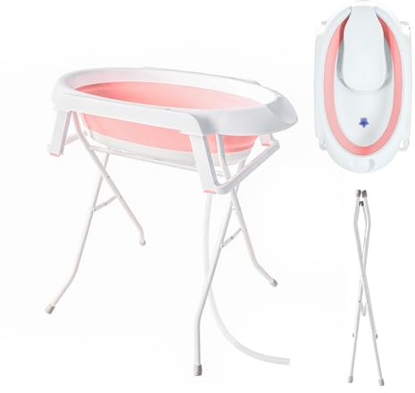 Babywanne mit Gestell | Rosa Baby Badewanne mit Gestell | Faltbare Badewanne Baby Groß mit Einsatz für Baby 0-12 Jahre und Neue Mutter, Baby Wanne mit 30 Litern Volumen, Babywanne mit Ständer
