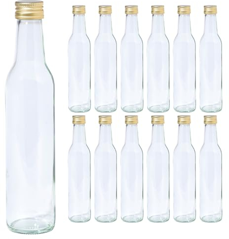 Vitrea 12 leere Glasflaschen 250ml Schraubverschluss Gold - kleine Flaschen zum Befüllen mit Deckel - für Saft, Getränke, Likör, Öl, Saucen - 12 Stück, PP28, Cool