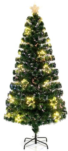 COSTWAY Albero di Natale in Fibra Ottica 150/180 cm, Albero di Natale Artificiale Pre-illuminato con 24/36 Luci a Stringa, Stella sulla Cima e 170/230 Punte dei Rami, Decorazione per Feste (180 CM)