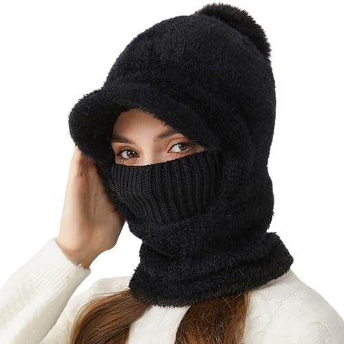 Rayson Wintermütze Damen Warme 3 in 1 Strickmütze Schal Set Dehnen Beanie mit Bommel für Outdoor-Sportarten(Schwarz,Einheitsgröße)