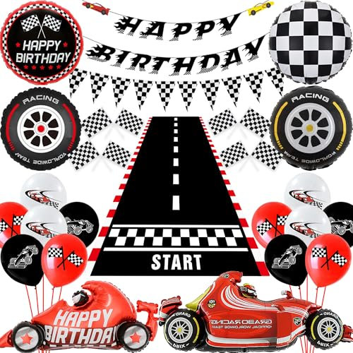 Rennwagen Geburtstag Party Dekorationen Junge, 54 Stück Auto Geburtstagsdeko Happy Birthday Banner Rennen Ballons Zielflagge Wimpel Wheels Folienballon Racetrack Boden für Kinder Sport Geburtstag Deko