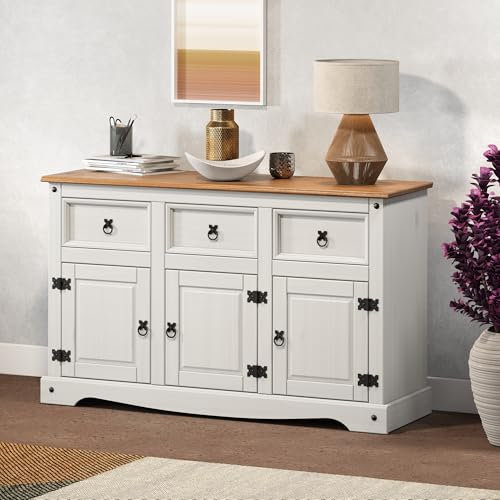 Mercers Furniture Corona Sideboard White Wax 3 Door 3 Drawer Solid Pine Dining