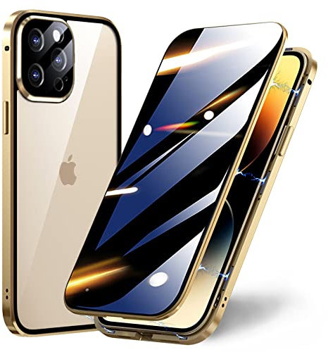 TOPF&B Case for iPhone 14 Pro Max Privacy Magnetic Cover,Privacy Screen Protector Built-in Tempered Glass and Camera Protector,360 Degree Metal Bumper Case for iPhone 14 Pro Max,Gold
