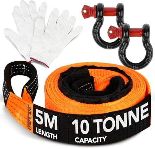 GADLANE Hi Vis Tow Rope - 5m x 5cm Thick, 10-Tonne Capacity (22,000Lbs) Wear-Resistant Polyester with Reinforced Ends, UV Coated Tow Strap, Heavy Duty D-Ring Shackles, Storage Bag & Gloves - ORANGE