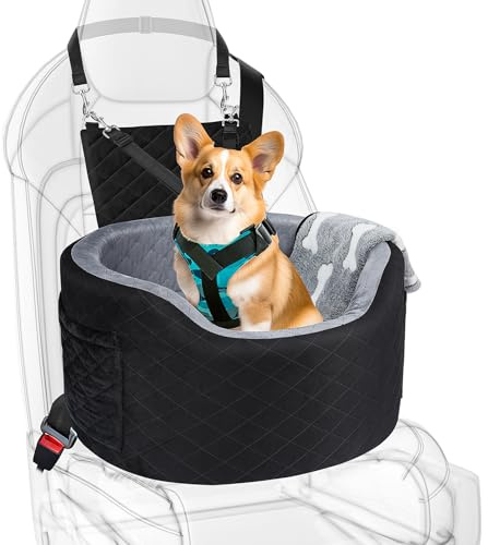 Hunde Autositz für kleine Hunde, Booster hundeautositz mit Rutschfester Wasserdichter Liner, Reisebett mit Aufbewahrungstaschen & Decke (Schwarz)