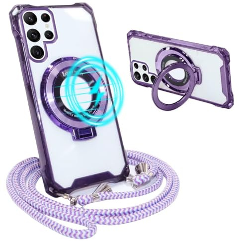Belzsxy Coque Magnétique pour Samsung Galaxy S22 Ultra avec Cordon, Transparent Housse Étui Béquille rotative 360° Case avec Collier Lanyard Mince Souple TPU Silicone Camera Antichoc, Violette