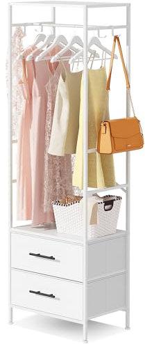 MYGIIVOVO Open Wardrobe, Clothes Rail with Drawers for Bedroom, with 2 White Fabric Drawers, 4 Side Hooks and Metal Frame 30D x 50W x 172H cm