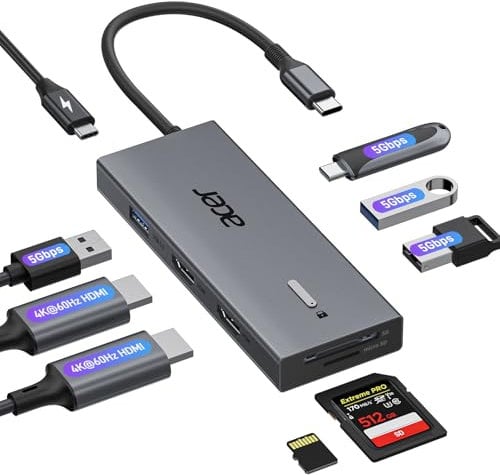 Acer Station d'accueil Dual HDMI, 9IN1 Hub USB C vers HDMI 4K@60Hz, USB A &C 5Gbps, 100W PD, Lecteur de Cartes SD/TF, multiport Docking Station pour 2 écrans, Dell, Chromebook, MacBook Air/Pro etc.