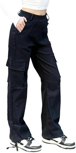 Nuofengkudu Rectos Pantalones Cargo Mujer Puños Ajustables 4 Bolsillos Pantalon Elasticos Cintura Alta Deportiva Trabajo Largos Pantalón Y2K Adolescentes Goticos Punk Jogger Casual Moda Negro 2XL