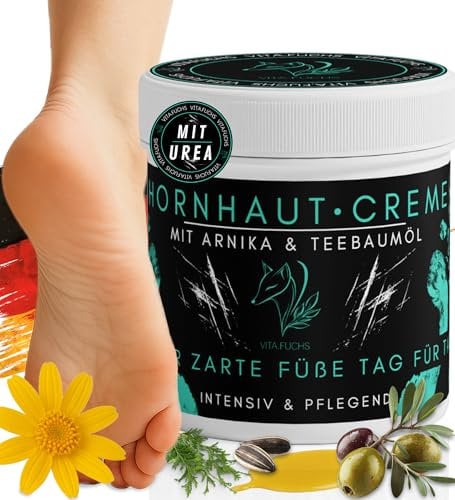 Vita.Fuchs Hornhautentferner Creme - 250ml | 12 % Urea, Panthenol & Olivenöl | Gegen Hornhaut & Schrunden | Fußpflege für täglich weiche, gepflegte Füße & zum Hornhaut entfernen Fuß | Made in Germany