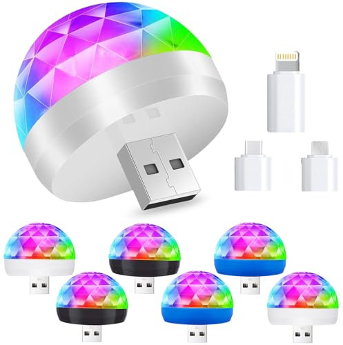 USB Mini Disco Ball Licht,6 Stück DJ Ball USB Party Blitzlicht,Mini Discokugel Licht,Sound Aktivierte Discokugel,RGB Mini Discolicht,Mini Musikgesteuert Partylicht,Discokugel Bühnenlicht mit 3 Adapter