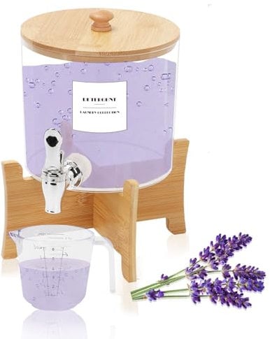 Les-Theresa Laundry Detergent Storage, Liquid Detergent Dispenser With Measuring Cup Fabric Softener Storage Bottle, Laundry Liquid Dispenser With Tap Laundry Containers for Laundry Room (01)