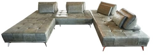KAWOLA Ecksofa WIOLO - Wohnlandschaft Leder moosgrün mit Hocker, Velvet Sofa, großzügige Liegefläche