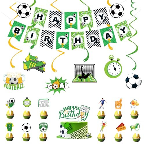 Kiyanest Fußball-Geburtstagsdeko – Happy Birthday Banner mit Hängespiralen, Kuchentopper & Cupcake-Toppern – Perfekte Fußball-Partydeko für Kinder & Sportfans