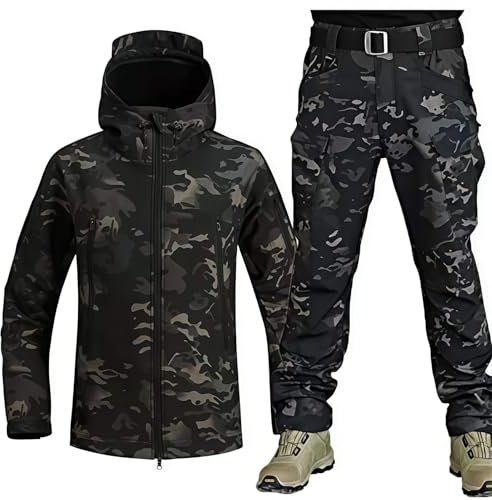 VBVARV Militärische Taktische Herren-Kampfuniform wasserdichte Armee-Kampfanzug-Sets Camouflage Softshell-Jacken-Hosen Jagdkleidung,Cpblack,XL