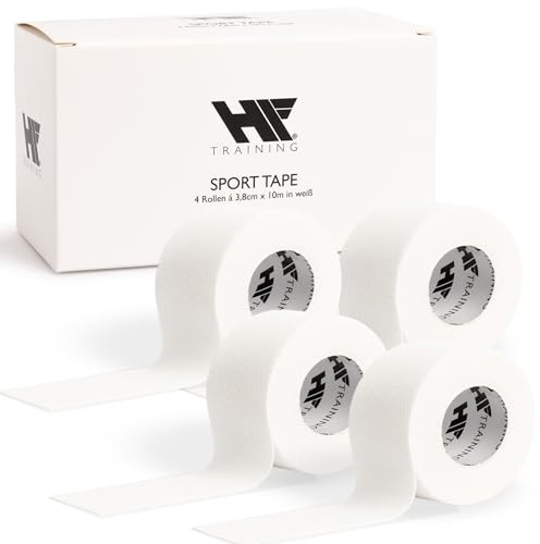 HF Training® - 4 x Profi Sporttape 3,8 x 10 m Weiß für Fußball, Handball & Fitness (EXTRA STARK) - Sport & Fußball Tape für Stutzen, Knie & Handgelenk (wasserfest) - Physiotape (selbstklebend)