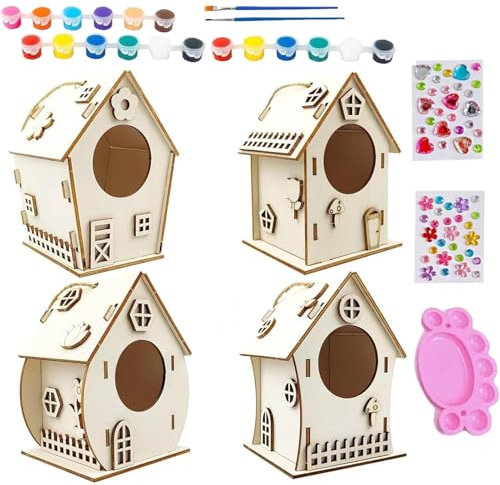 Kit de Construction de Maison d'oiseau pour - Maisons d'oiseaux en Bois à Peindre - Artisanat décoratif en Bois inachevé avec Corde et Colle pour l'extérieur en Plein air Jardin Jardin