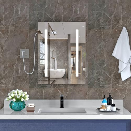 HaodaCulture Mueble de Pared para Baño, Armario Espejo con Espacio con luz, Espejo Armario Baño Montado, Espejo de Luz con Enchufe, Regulación de Intesidad, Estanteria Ajustables 45X15X60 cm