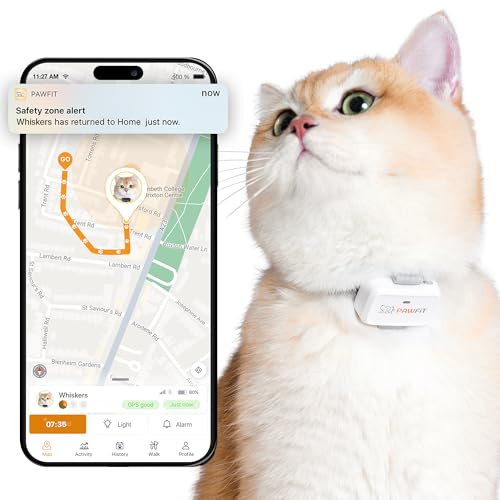 Pawfit Lite for Cats 4g GPS Tracker | Ultra-Small (<18g) Design | Real-Time Tracking | Activity Monitoring | Location History | Unlimited Range | Safety Collar Included | Simply White