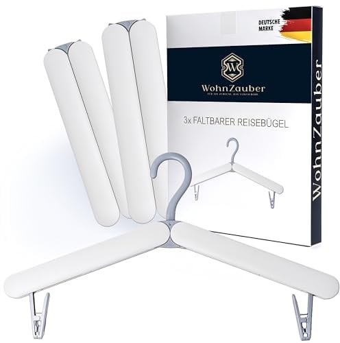 WohnZauber® Faltbare Reise Kleiderbügel 3er Set | Platzsparend & Leicht | Ideal für Urlaub, Camping, Wohnmobil & Zuhause | Klappbare Kleiderbügel mit Clips (Weiß)