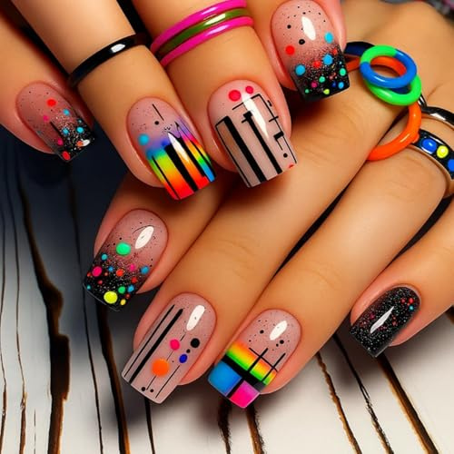 24Pcs Colorful Geometric Press On Nails - Short Square Fake Nails with Rainbow Dot Art and Gelly Adhesive Tabs - Vibrant Design for Parties and Daily Wear