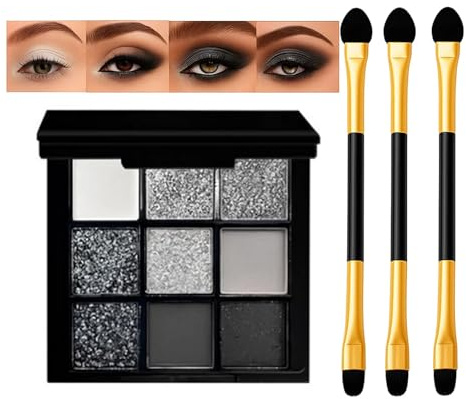 Silver Charcoal 9-Color Eyeshadow Palette with Mirror – Shimmer & Matte Waterproof Makeup Set for Bold Dark Looks – Includes 3 Gold Dual-Ended Brushes for Gothic Smokey Eye (Silver Charcoal)