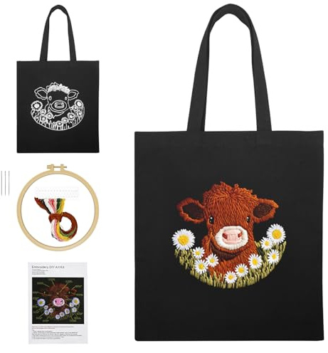 Piuluvor Stickset Tasche für Anfänger mit Vorgedrucktem Highland Kuh Muster | Sticken Set Erwachsene, Canvas Handtasche Stickerei Set mit Anleitung Stickrahmen Stickgarn und Sticknadeln