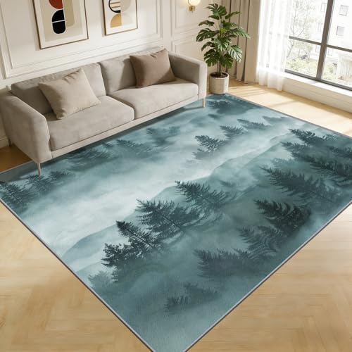 TerroVee Nebliger Wald Teppich Wohnzimmer 160x230 cm, Berge Naturlandschaft Teppiche, Kiefernwald Berg Waschbar Kurzflor Groß Teppiche Für Schlafzimmer Kinderzimmer, Türkis Blau Grün