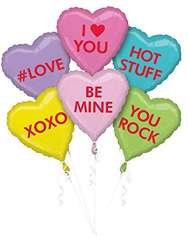 Amscan 3683801 - Folienballon Set Zuckerherzen, 6 Stück, Valentinstag, Hochzeit, Heliumballon