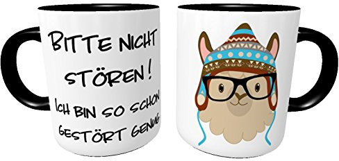 Lustige Bürotasse Bitte Nicht stören - ich Bin so Schon gestört genug mit coolem Lama auf zweifarbiger Two-Tone-Tasse, Kaffeebecher, Teetasse oder Kaffeepott mit Llama BZW Alpaka (schwarz)