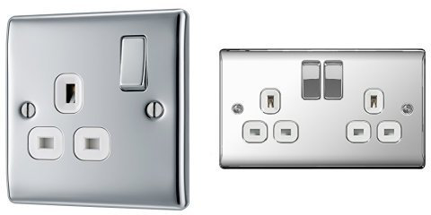BG Electrical NPC21W Electrical 1-Gang Metal Electric Socket, Polished Chrome + Electrical NPC22W Electrical 13 A 2 Gang Metal Polished Chrome Switched Socket, White