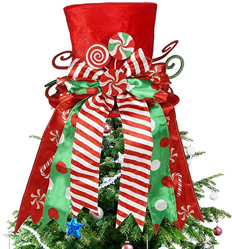 yofit Christmas Tree Topper Hat, Large Red Hat with Striped Bow Ribbon & Lollipop, Christmas Tree Decorations Top Hat, Desktop Ornaments for Home Xmas Holiday Winter Decor