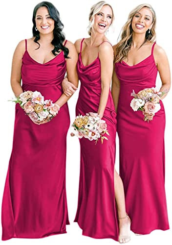 N/ C Abito da sera in raso da sera con scollo a cappuccio lungo da donna con scollo a sirena, Fucsia, 40