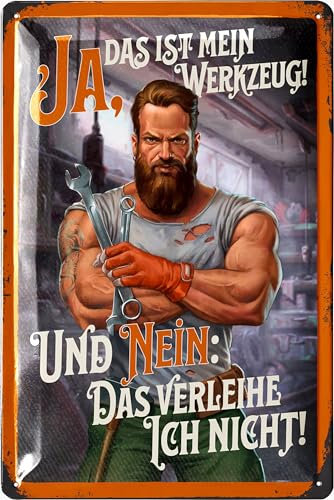 LANOLU Retro Blechschild JA DAS IST MEIN WERKZEUG - nostalgie Deko Werkstatt Papa - Vatertagsgeschenk Schild - Werkstattschild Regeln mit Spruch für Mann - vintage Metallschild, 20x30cm