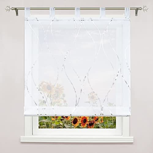 Delien Raffrollo Voile 1 Stück Gardinen mit Wellenmuster »Wogender Fluss« Streifen Transparente Rolls Küche Fenster Schlaufenrollo Modern Raffgardine für Wohnzimmer mit Schlaufen BxH 80x150cm,Silber