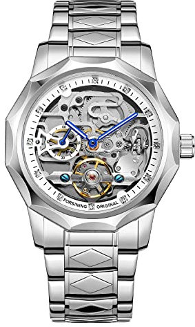 BOLYTE Armbanduhr Herren Analog Automatik Edelstahl Mechanische Skelett Männer Uhr Glas Rückseite, 8240-silber, Weiß