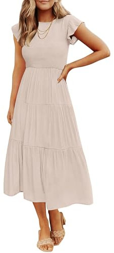 ZESICA Women's 2023 Summer Casual Flutter Short Sleeve Crew Neck Smocked Elastic Waist Tiered Midi Dress, Apricot, S