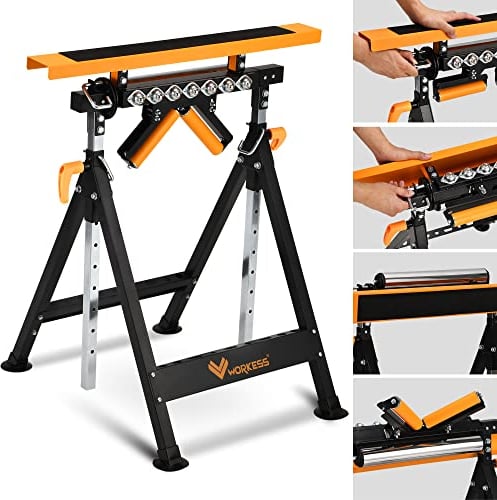 WORKESS 4 in 1 Rollständer, stabile Tragkraft von 200 kg mit Sägeboden, V-förmig, multidirektionale Rollen und Auslaufrolle, verstellbare Höhe 83,8 cm - 127 cm, zusammenklappbar für Holzbearbeitung