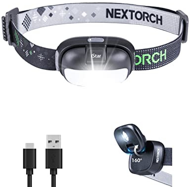 NEXTORCH LED-Stirnlampe, wiederaufladbar, 450 Lumen, weiß, rot, kompakt, leicht, für Outdoor, Camping, Wandern, Klettern