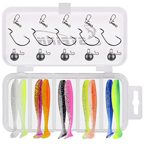 Steinn Gummifisch Set mit Haken und Offset Jigköpfe | 10x Gummiköder Zander 7cm | Angel Köder Set Barsch Zander Hecht in Box