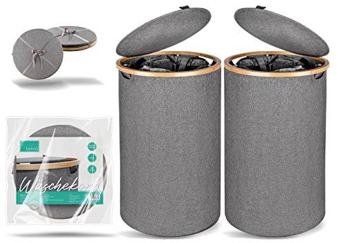 BAHOLI 2er SET Wäschekorb mit Deckel [100L] - Runder Wäschesammler mit herausnehmbaren Wäschesäcken - Faltbare Wäschebox mit stabilem Stand - Wäschetonne rund - Laundry Baskets